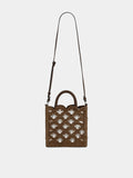 Small tote bag in dark brown natural raffia with silver signature 1969 discs