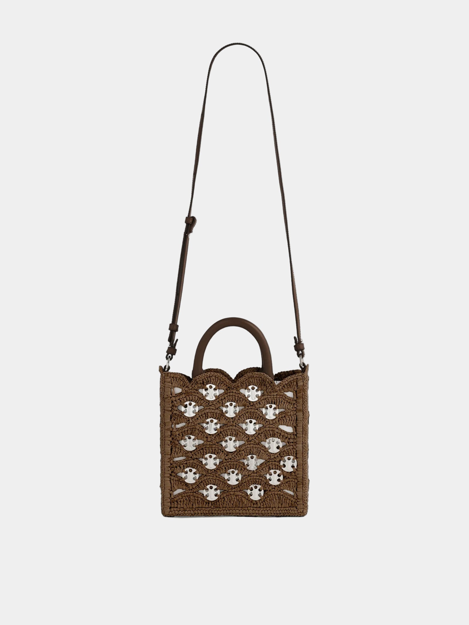 Small tote bag in dark brown natural raffia with silver signature 1969 discs - Image 1