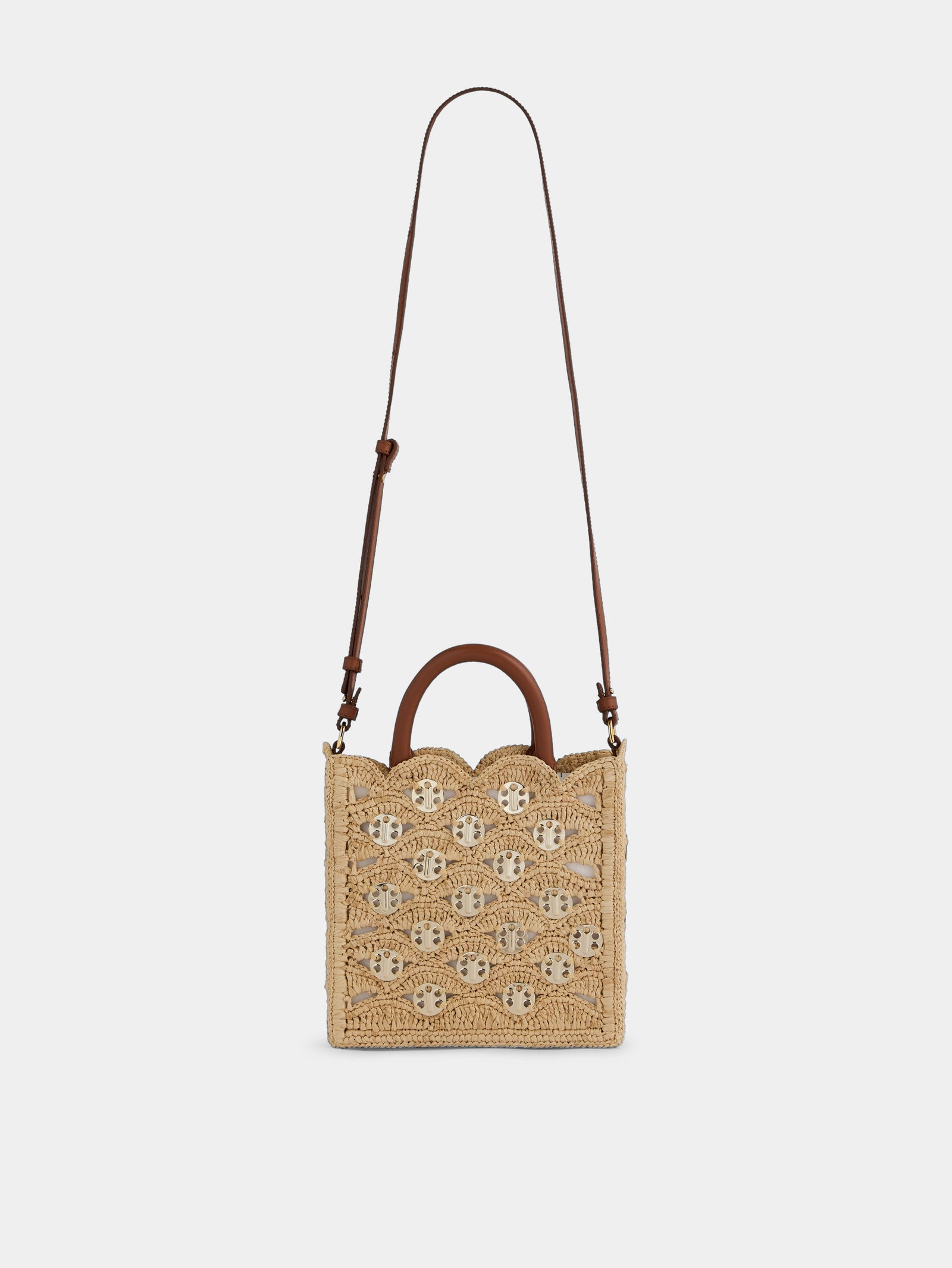 Petit sac tote en raphia naturel avec disques 1969 dorés signature - Image 1