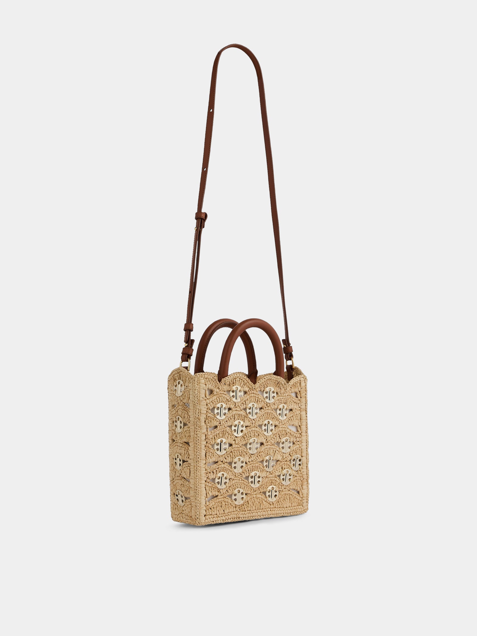 Petit sac tote en raphia naturel avec disques 1969 dorés signature - Image 3