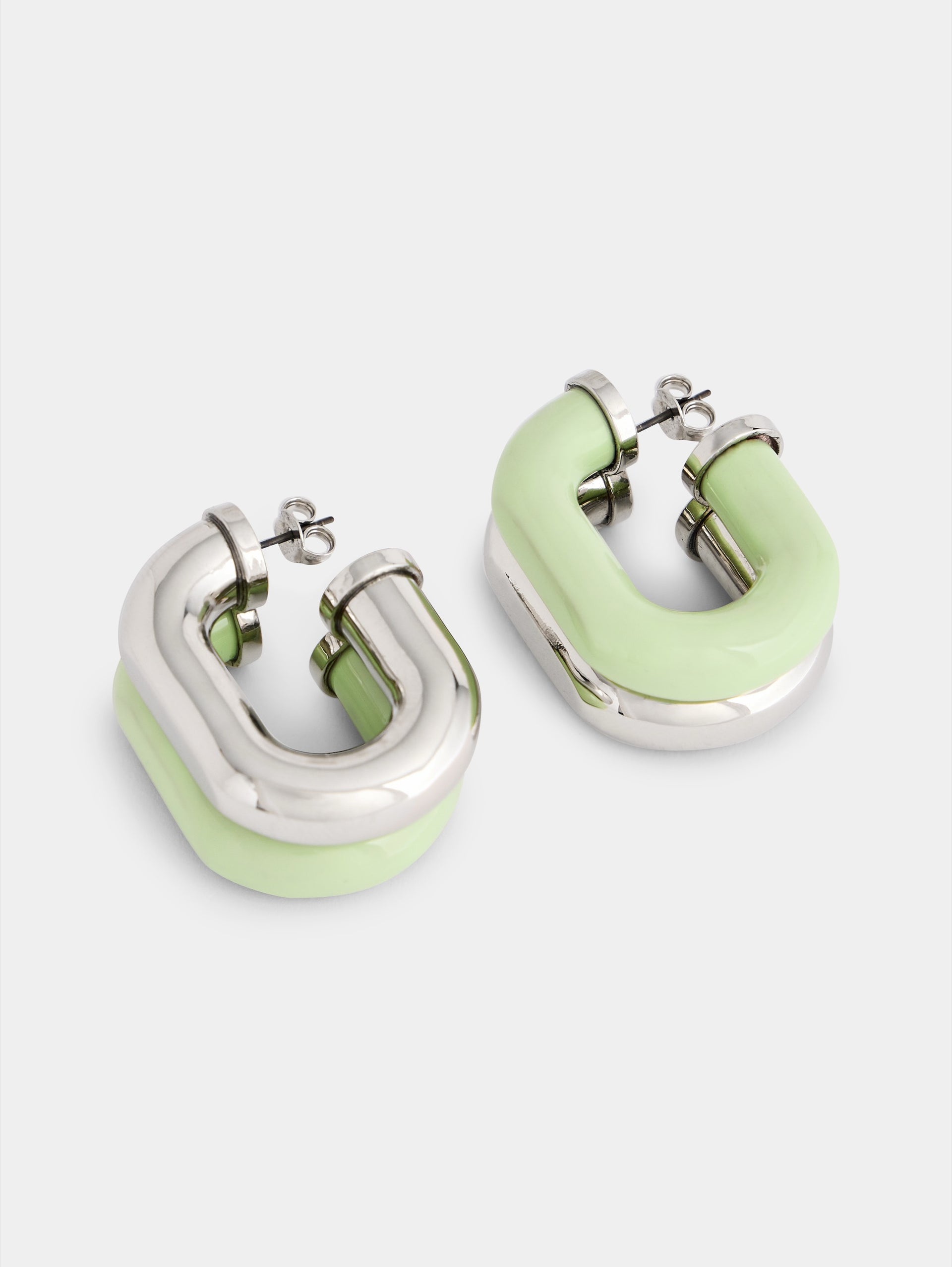 Earrings XL Link in bicolor silver and green packshot front view 5