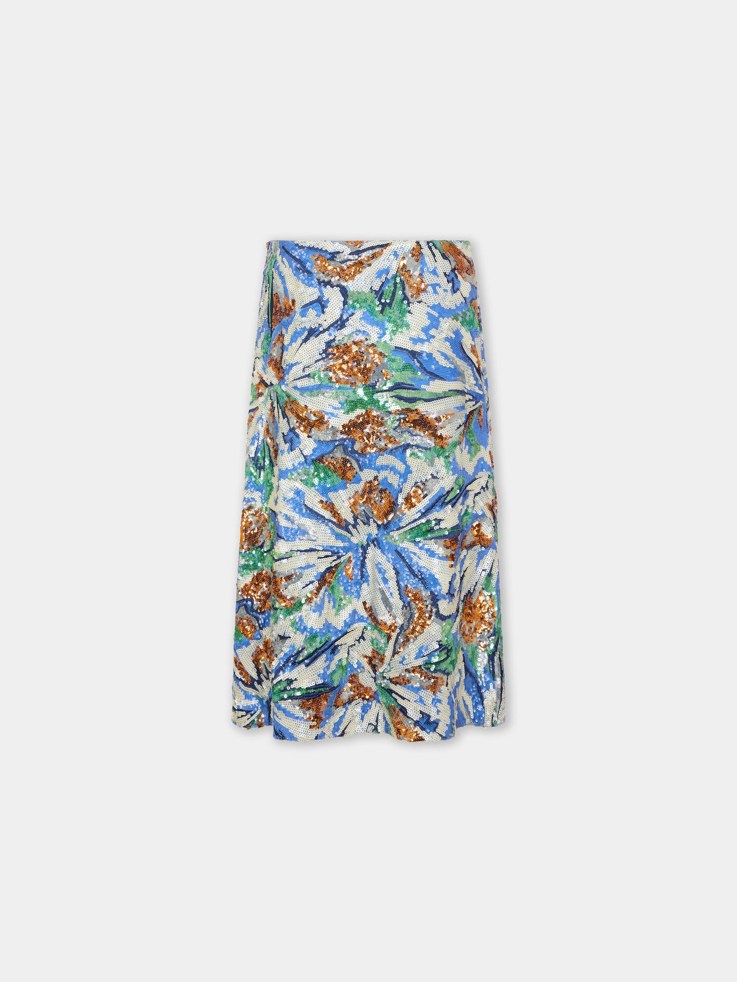 Jupe midi avec broderie de sequins multicolores en forme de fleurs