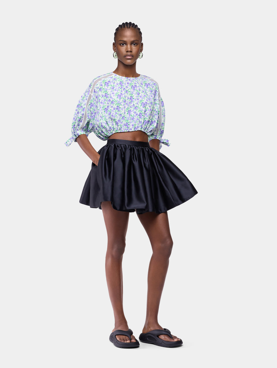 Crop Top in Blue Liberty-Printed Viscose Crepe with Puff Sleeves - Image 2