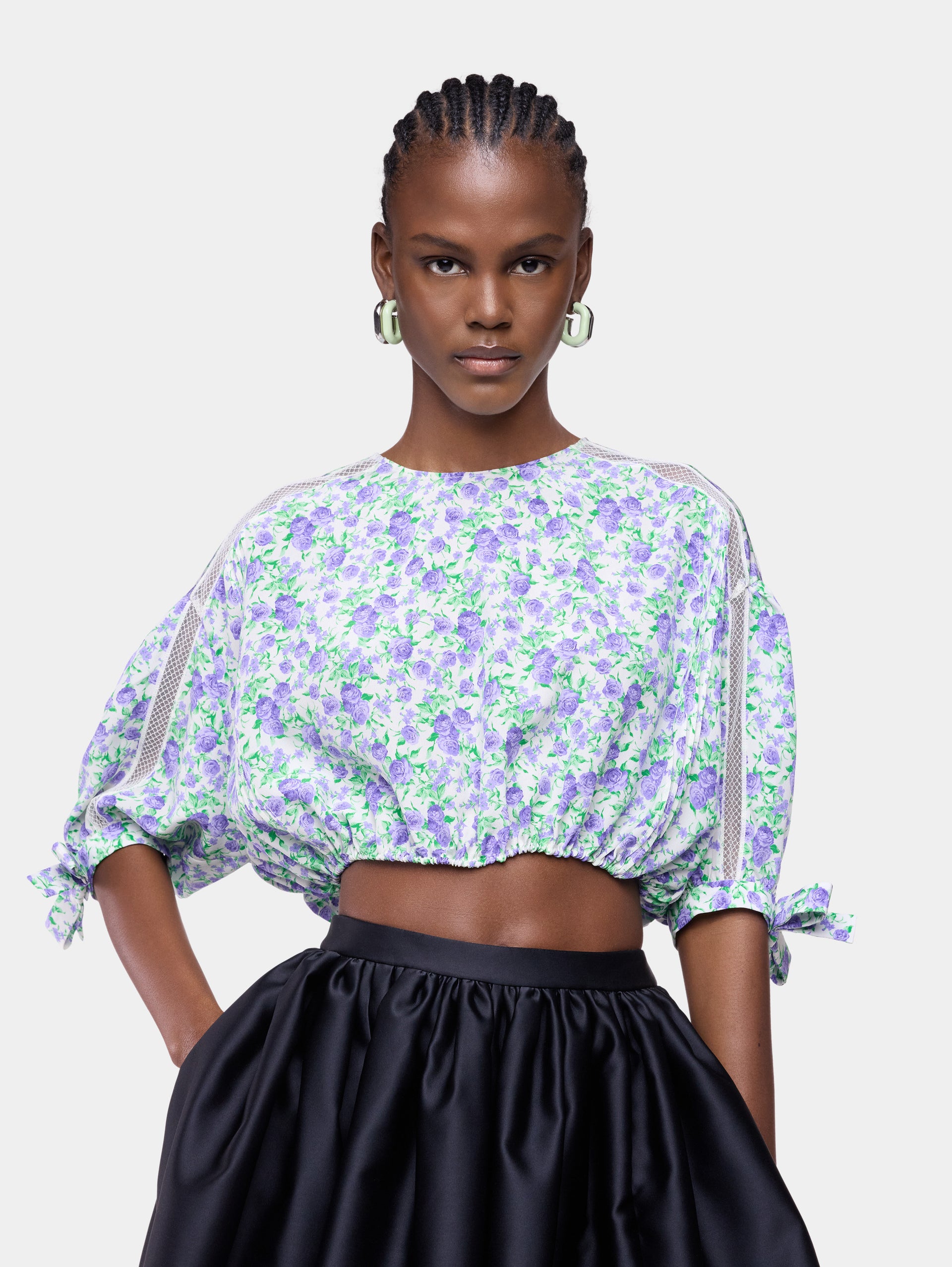 Crop Top in Blue Liberty-Printed Viscose Crepe with Puff Sleeves position 1