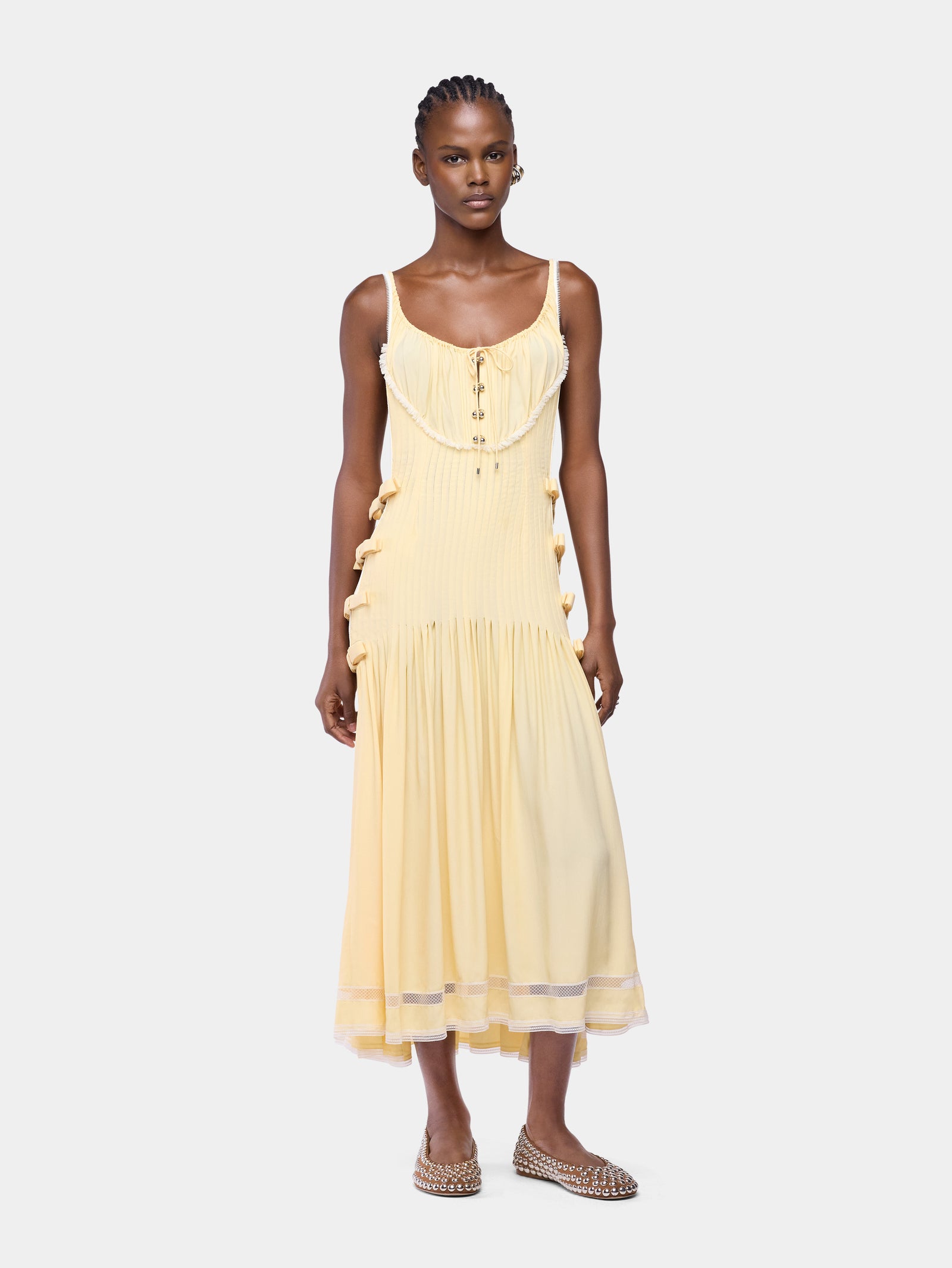 Midi Dress in Yellow Viscose Crepe with Lace and Bow Details position 1 - Image 1