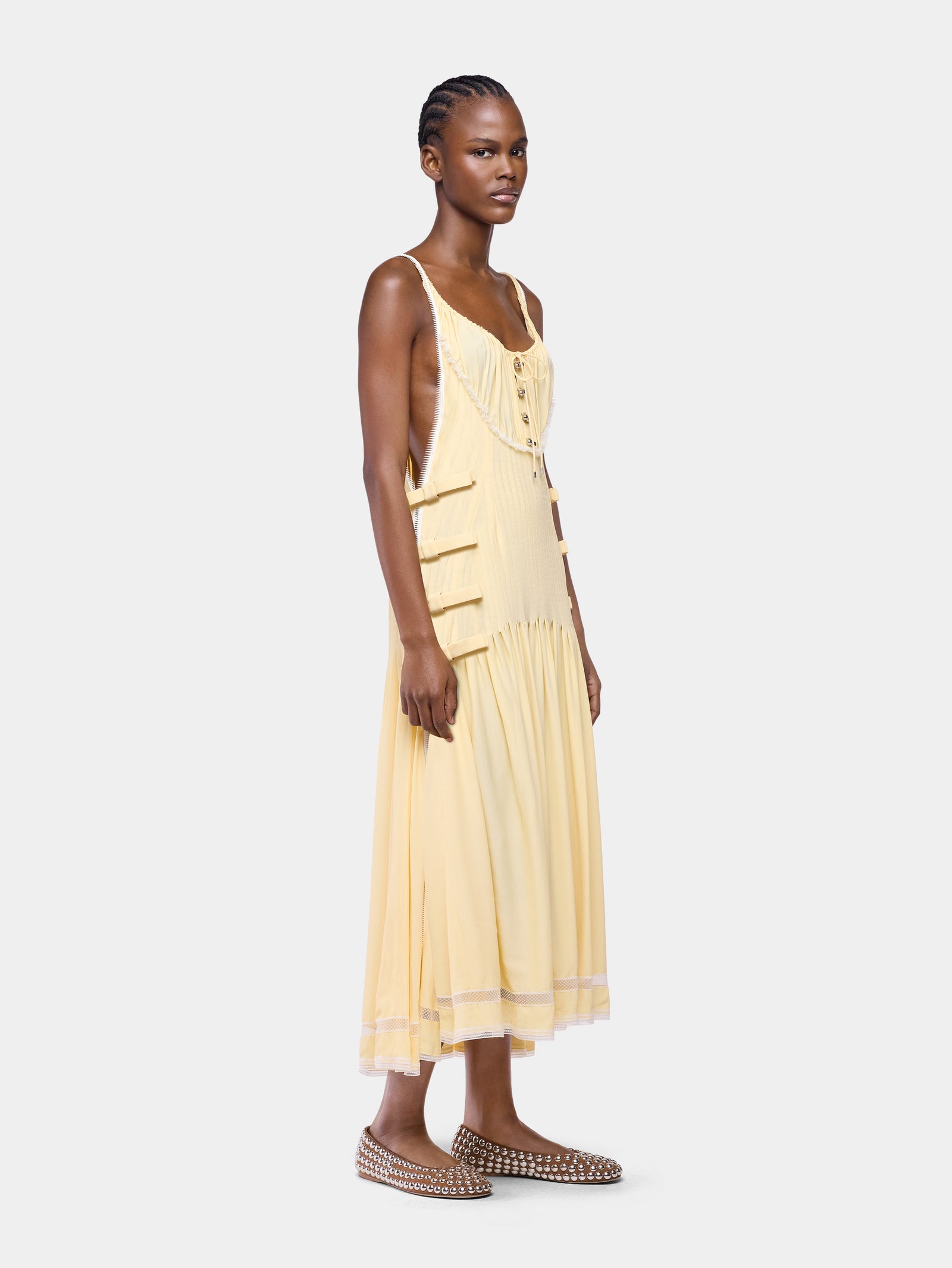 Midi Dress in Yellow Viscose Crepe with Lace and Bow Details position 2 - Image 2