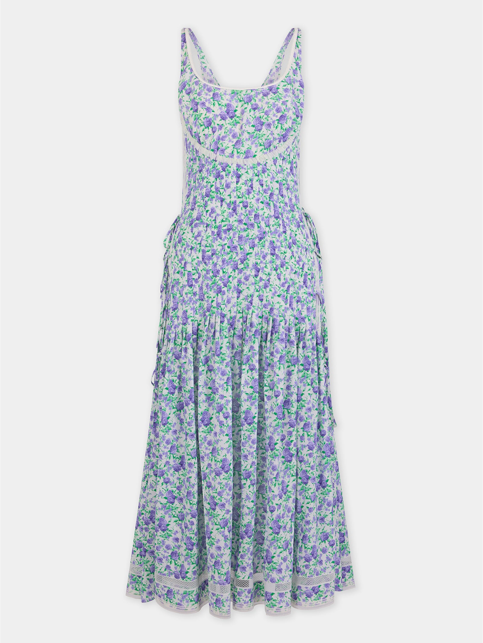 Midi Dress in Blue Liberty-Printed Viscose Crepe with Lace and Bow Details packshot front view 1 - Image 1