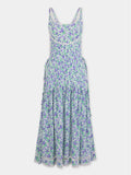 Midi Dress in Blue Liberty-Printed Viscose Crepe with Lace and Bow Details