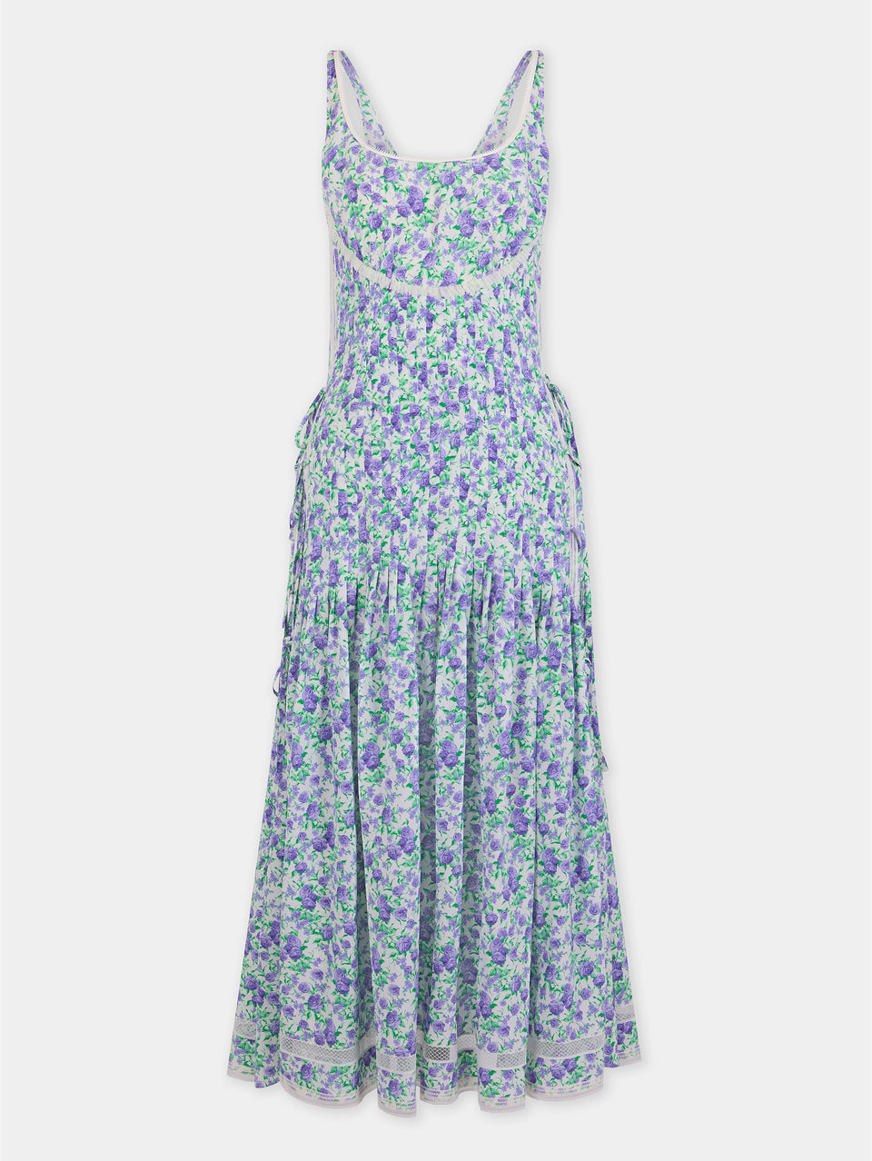 Midi Dress in Blue Liberty-Printed Viscose Crepe with Lace and Bow Details - Image 1