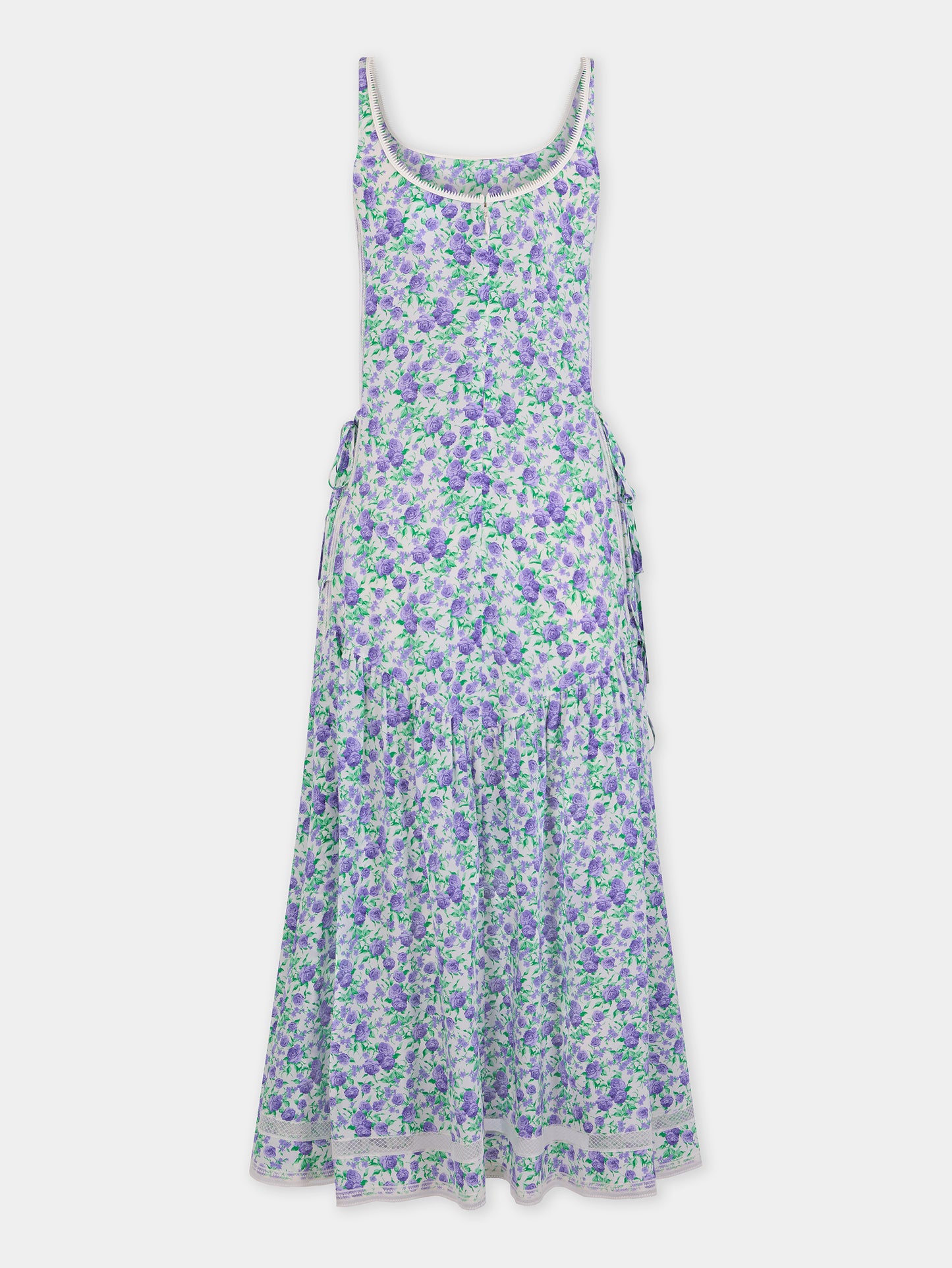 Midi Dress in Blue Liberty-Printed Viscose Crepe with Lace and Bow Details