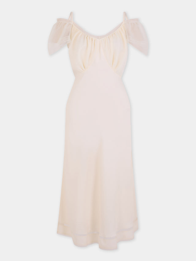 Midi Dress in White Viscose Crepe with Straps and Cut-Out Short Sleeves - Image 1