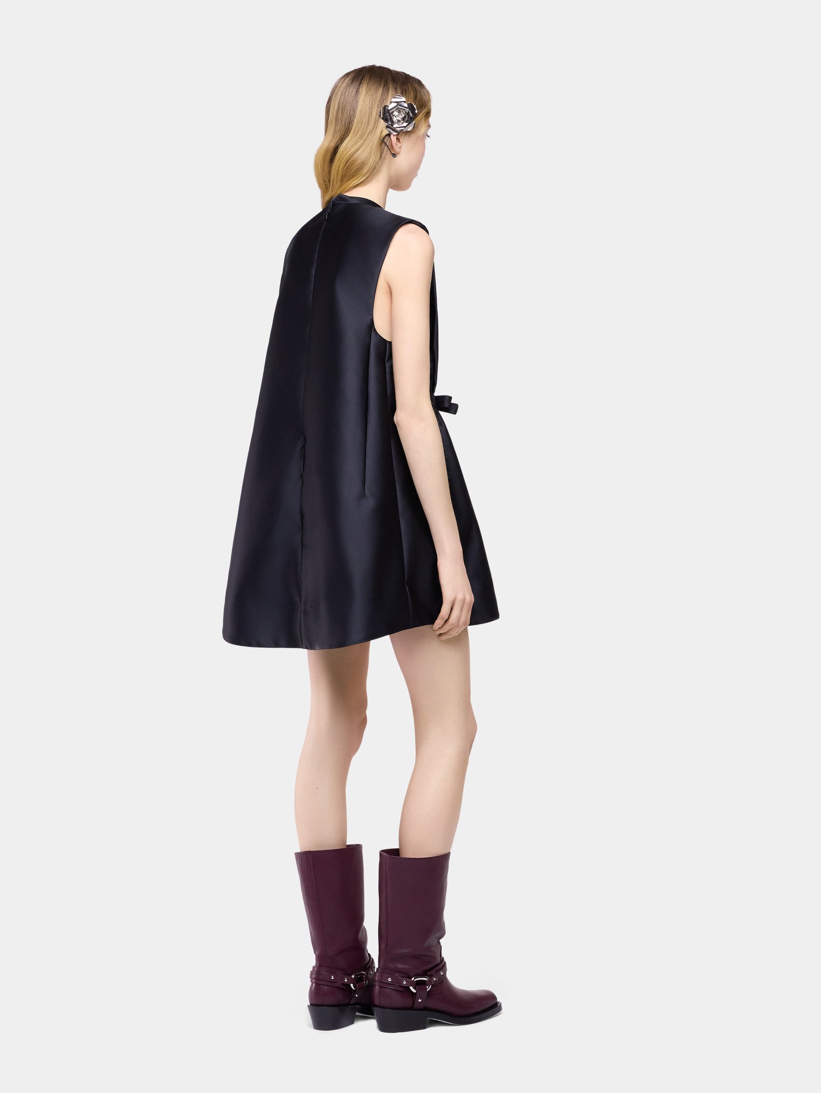 Tailored mini dress in black satin with bow detail position 3 - Image 3