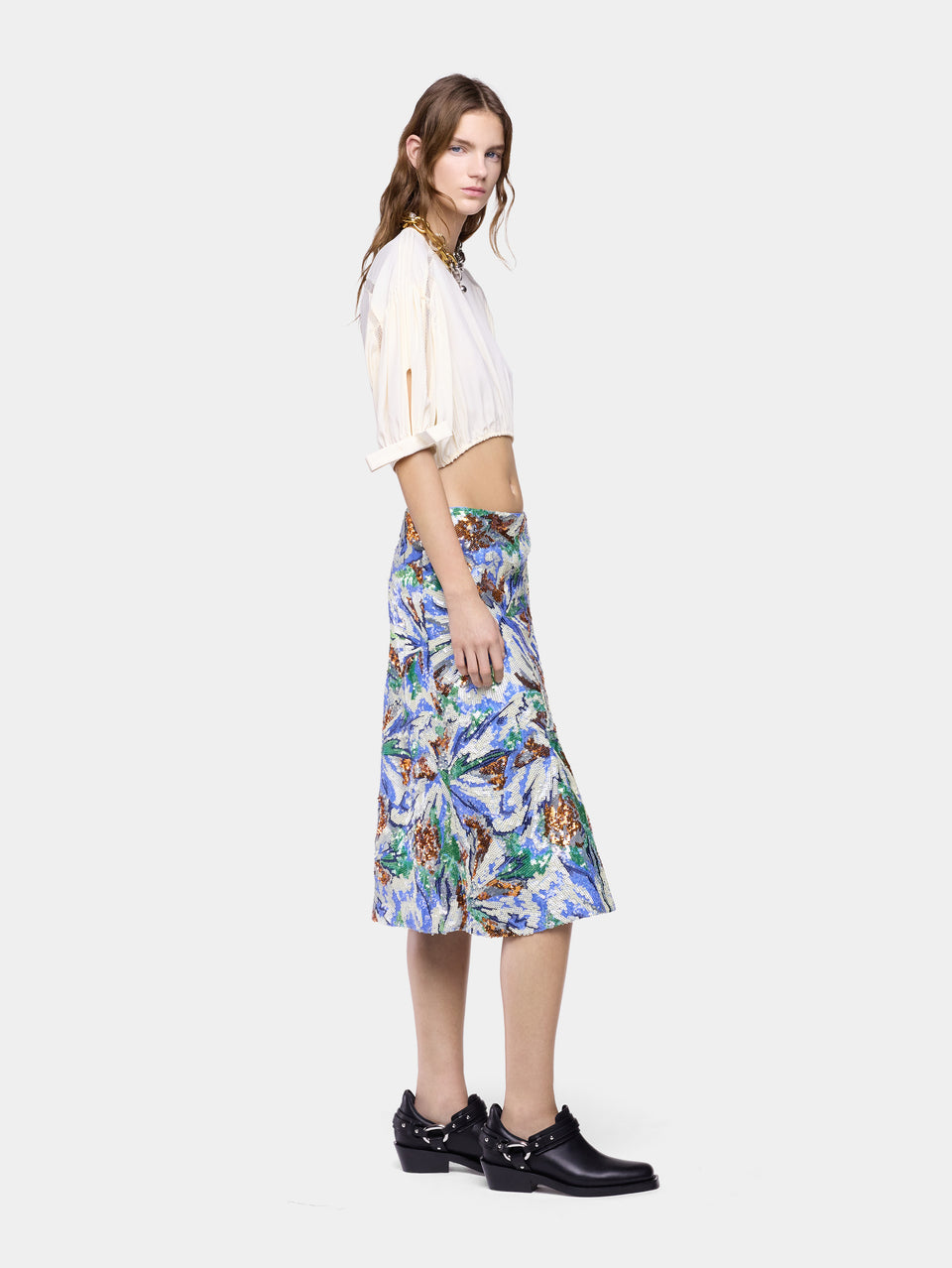 Crop Top in Off-White Viscose Crepe with Puff Sleeves - Image 3