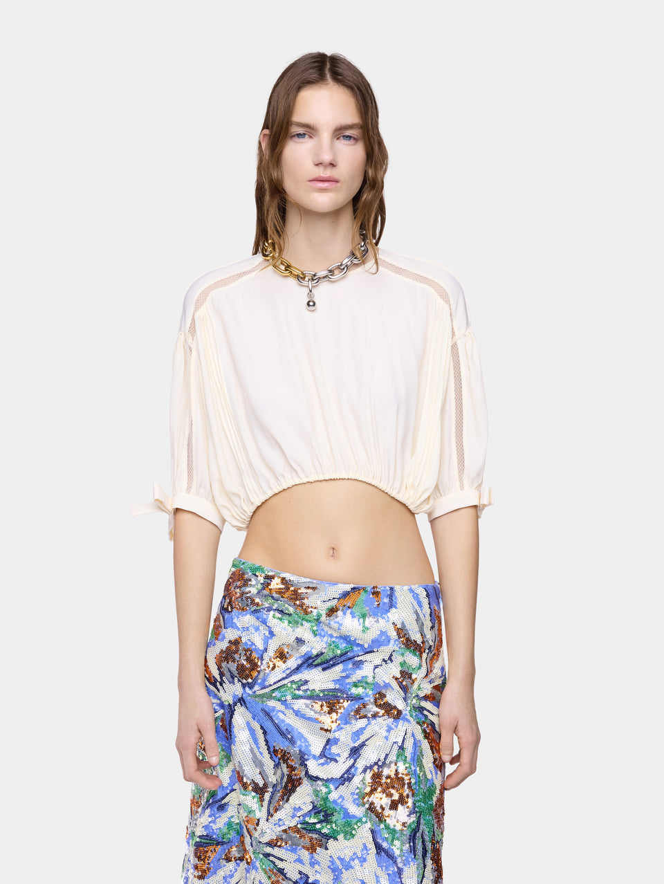 Crop Top in Off-White Viscose Crepe with Puff Sleeves - Image 1