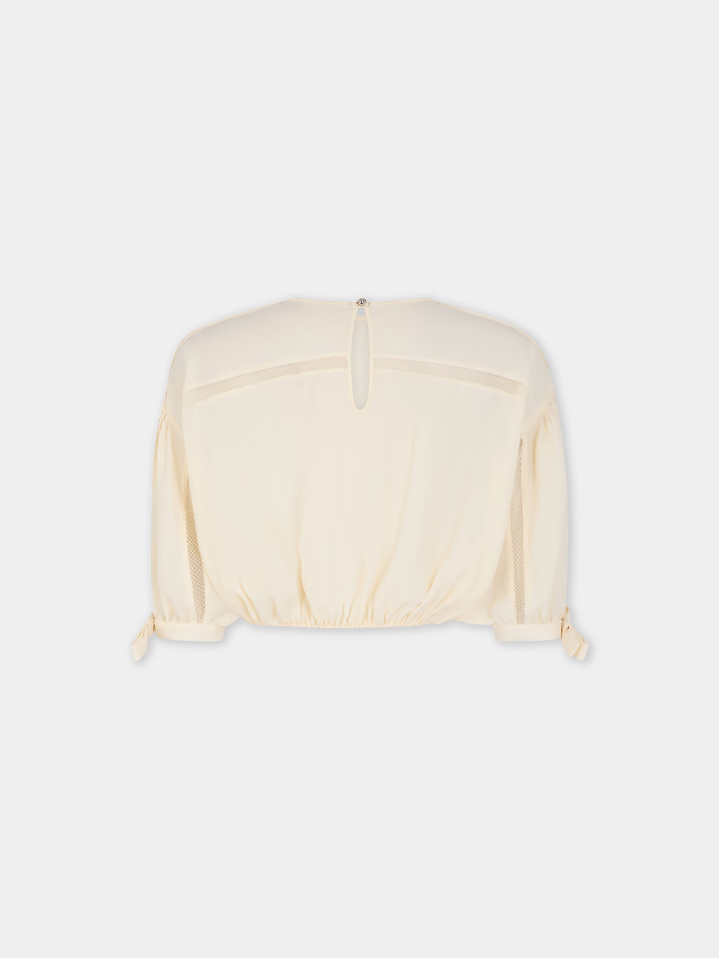 Top court en crêpe de viscose ivoire avec manches bouffantes