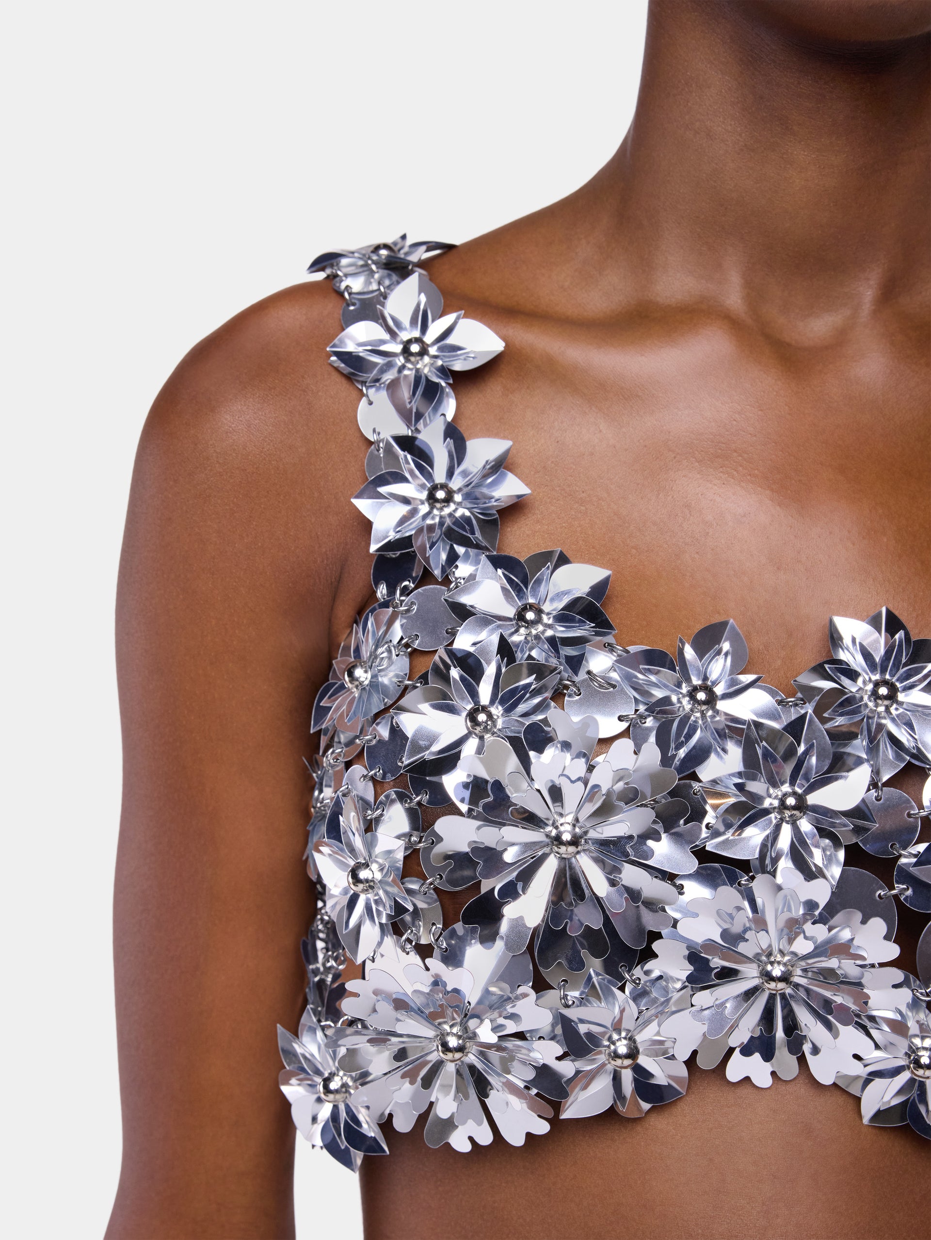 Sleeveless Bralette Top in Silver Assemblage with Flower Details packshot front view 6