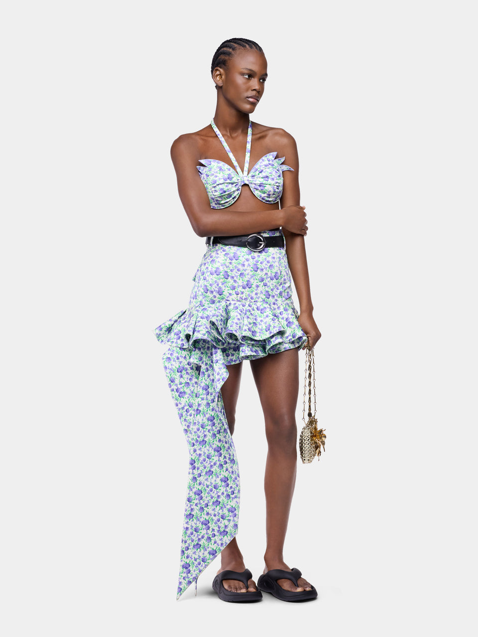 Mini skirt in blue Liberty print with frill detailing packshot front view 2 - Image 2