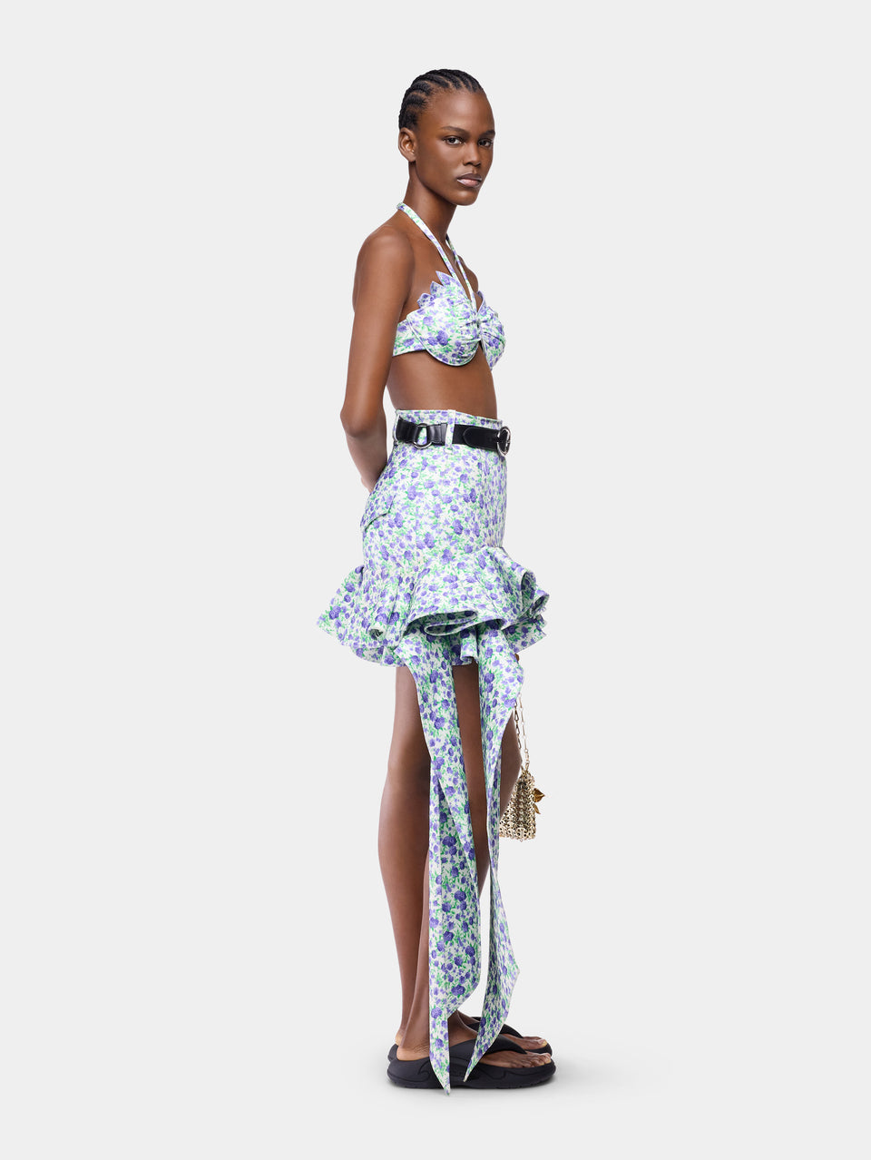 Mini skirt in blue Liberty print with frill detailing packshot front view 3 - Image 3