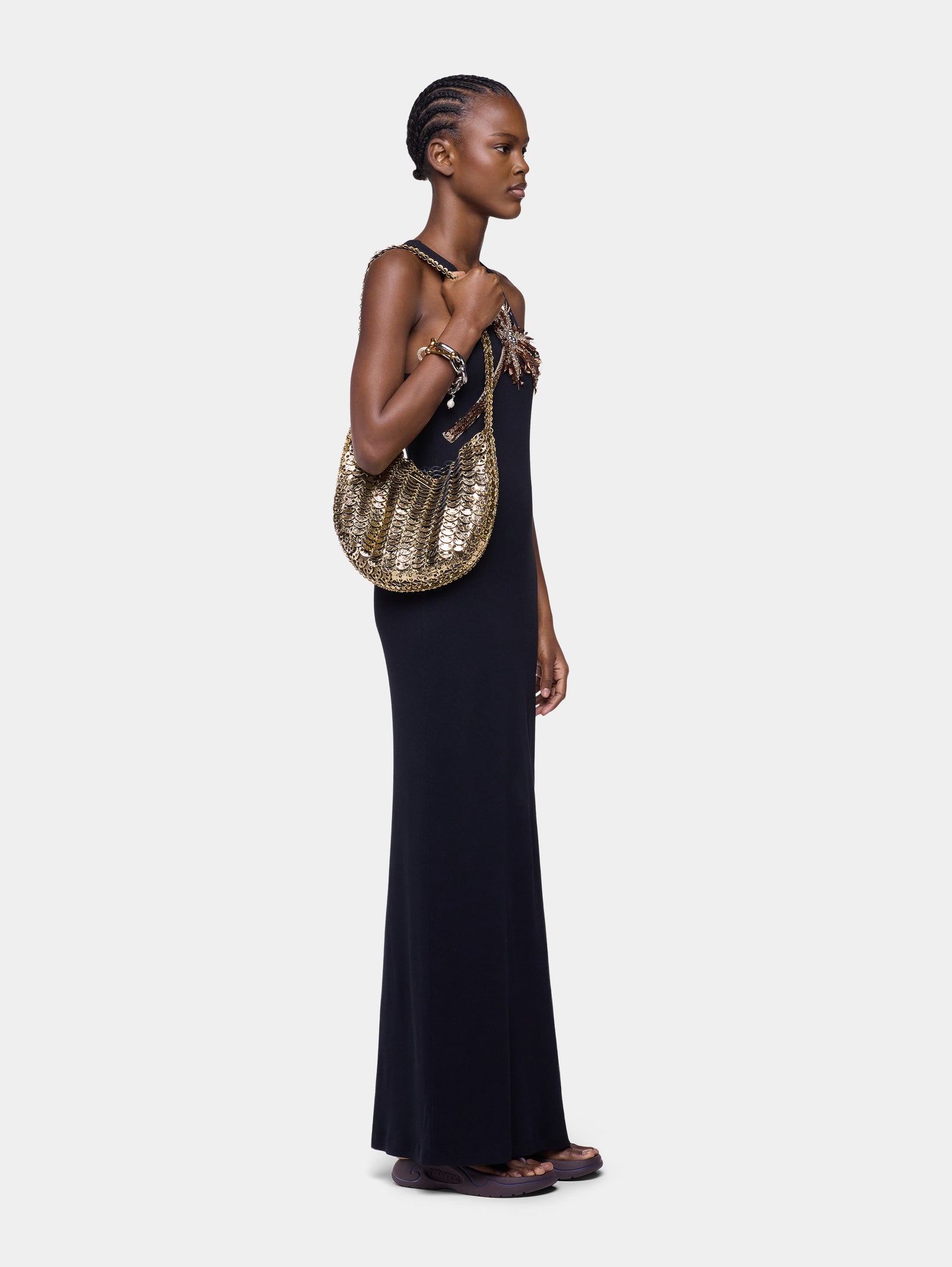 Maxi dress in black cotton with palm tree-shaped embroidery packshot front view 3 - Image 3