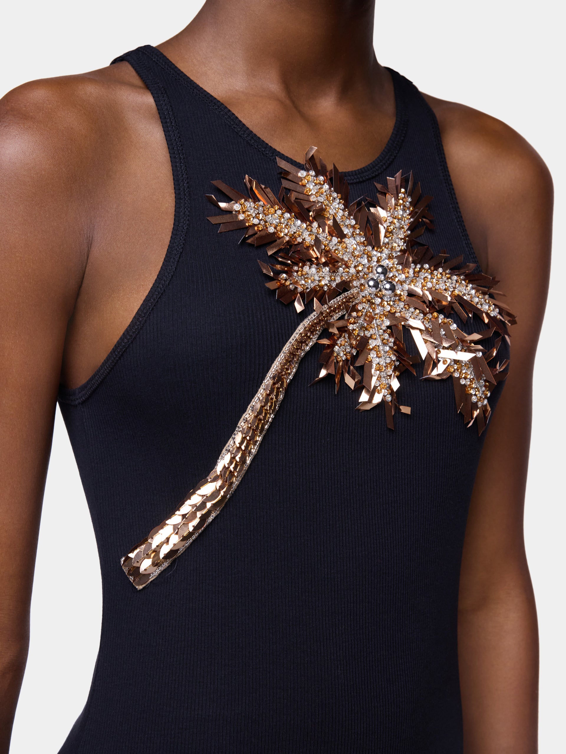 Maxi dress in black cotton with palm tree-shaped embroidery packshot front view 6