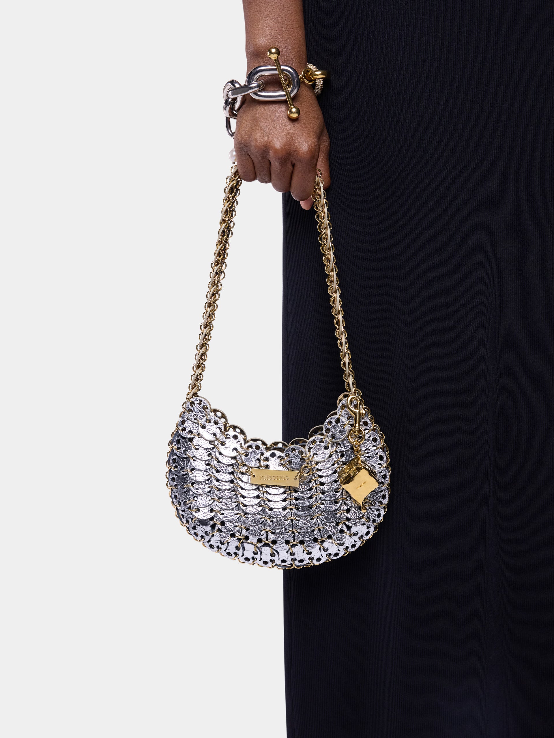 Moon Flip Bag in reversible silver and gold leather packshot side view 2