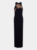 Maxi dress in black cotton with palm tree-shaped embroidery packshot front view 1
