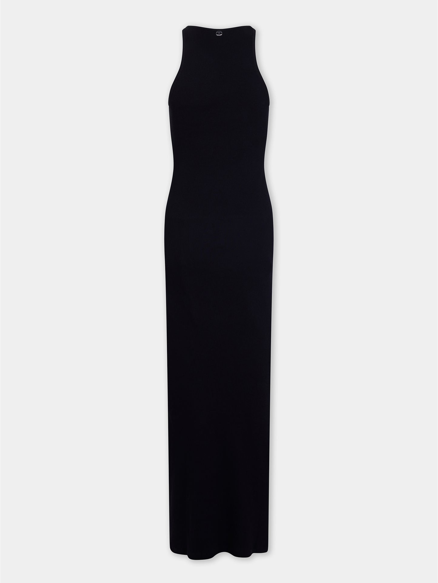 Maxi dress in black cotton with palm tree-shaped embroidery packshot front view 7