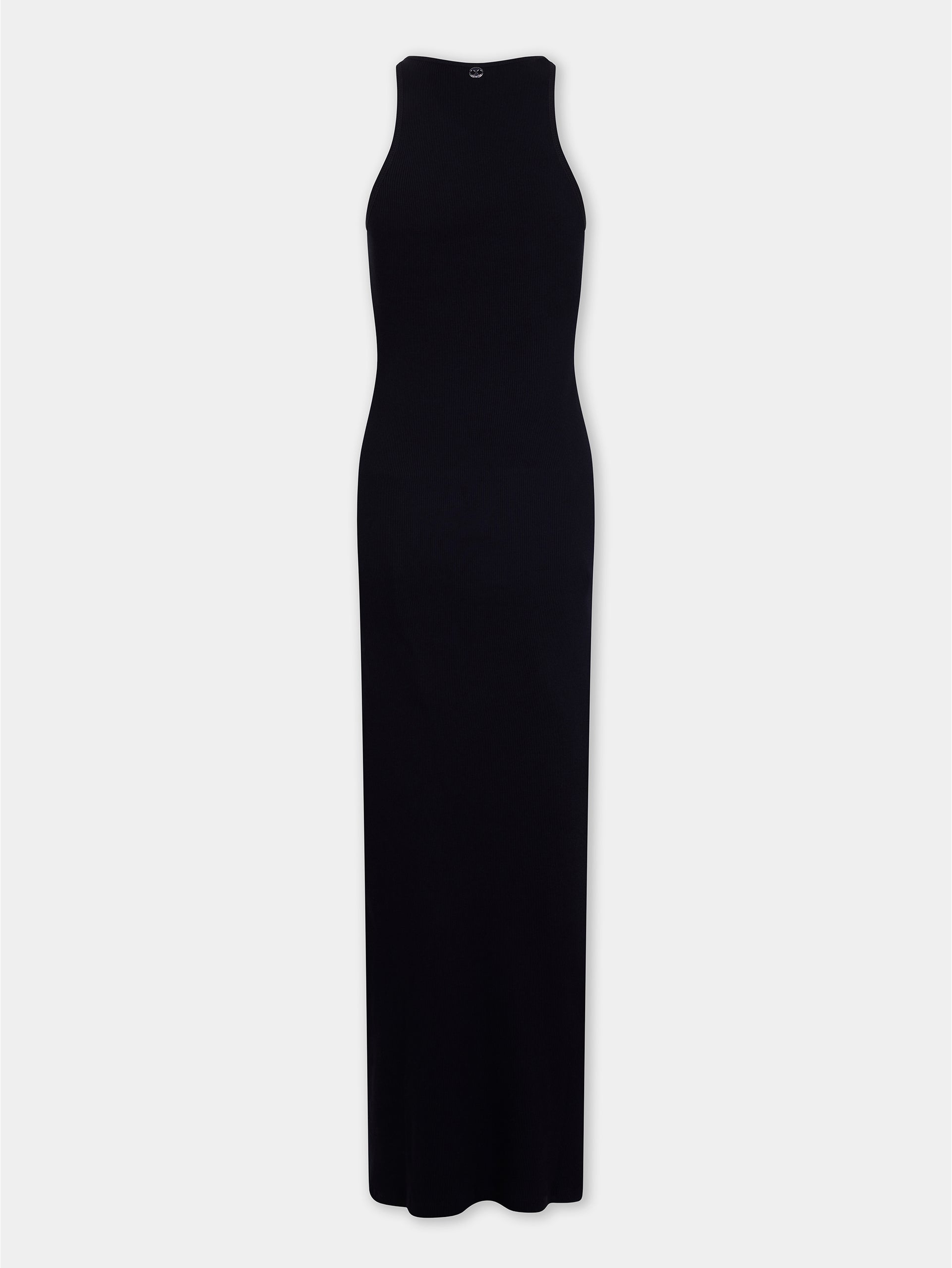 Maxi dress in black cotton with palm tree-shaped embroidery packshot front view 7