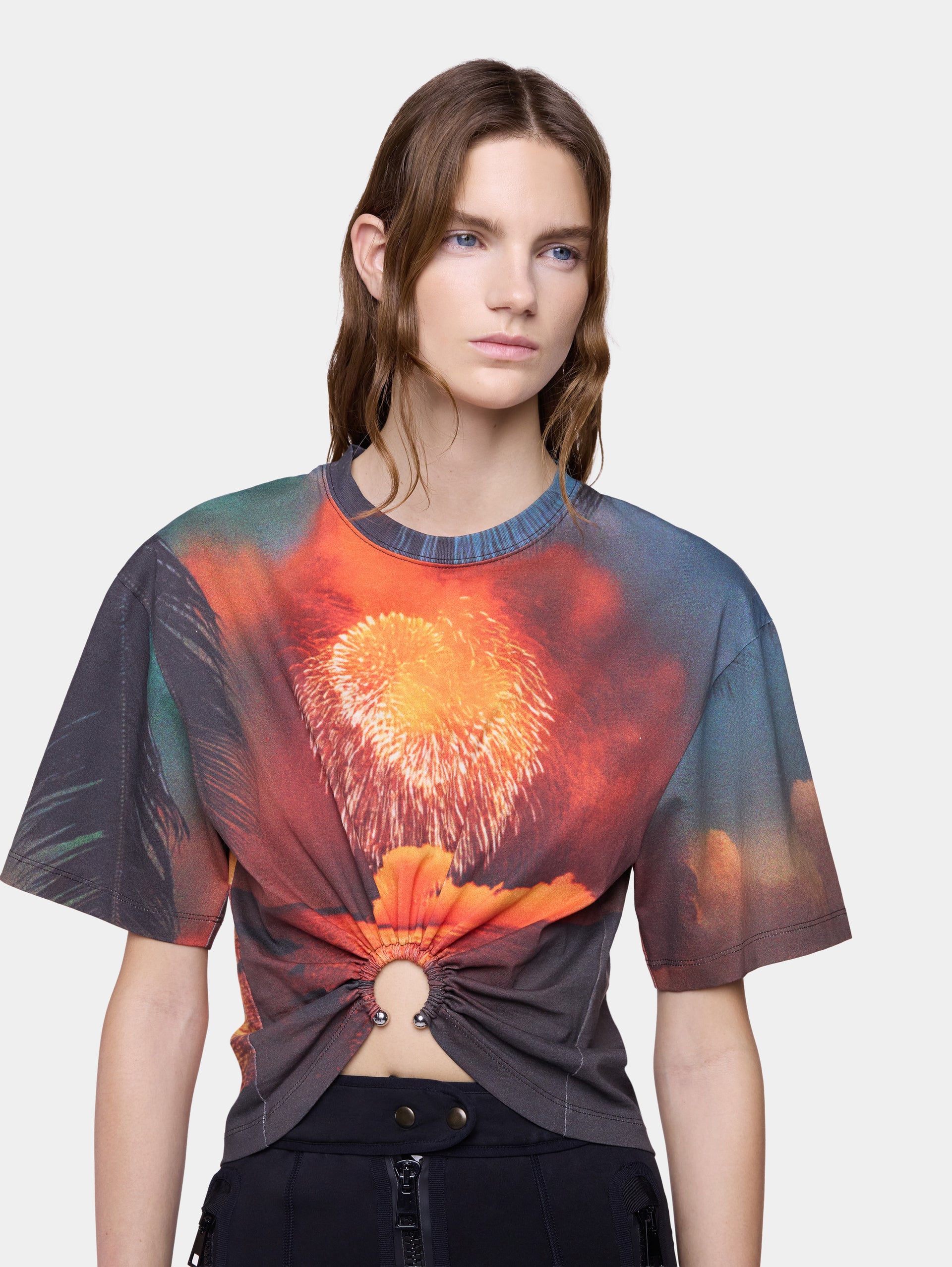 T-Shirt in Firework-Printed Cotton with Signature Piercing Detail position 2