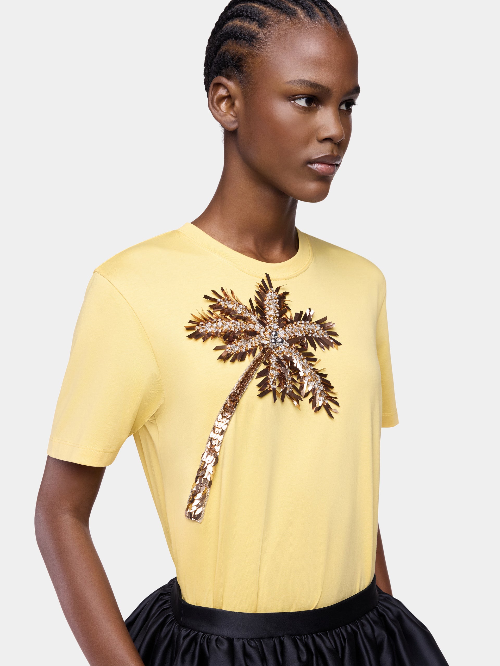 T-Shirt in Yellow Cotton with Palm Tree-Shaped Embroidery position 4
