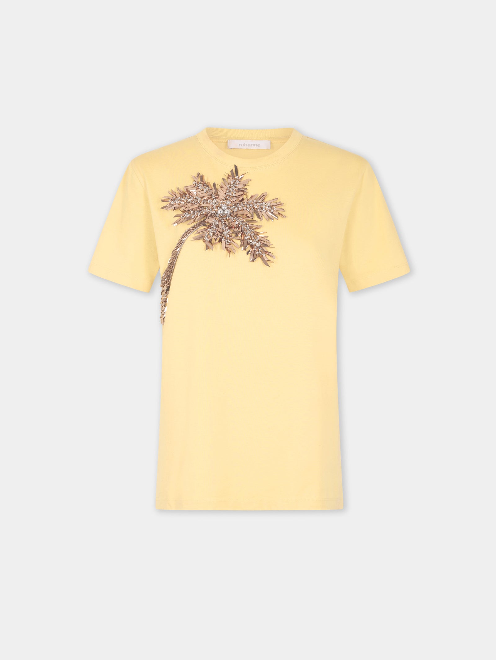 T-Shirt in Yellow Cotton with Palm Tree-Shaped Embroidery - Image 1