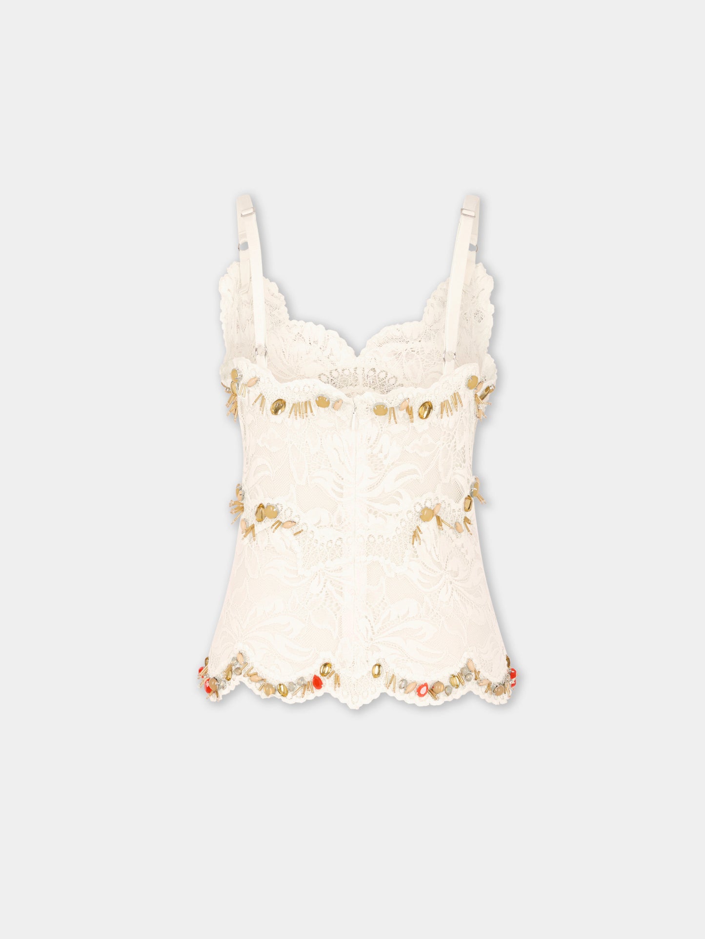 Sleeveless top in off white hand embroidered lace