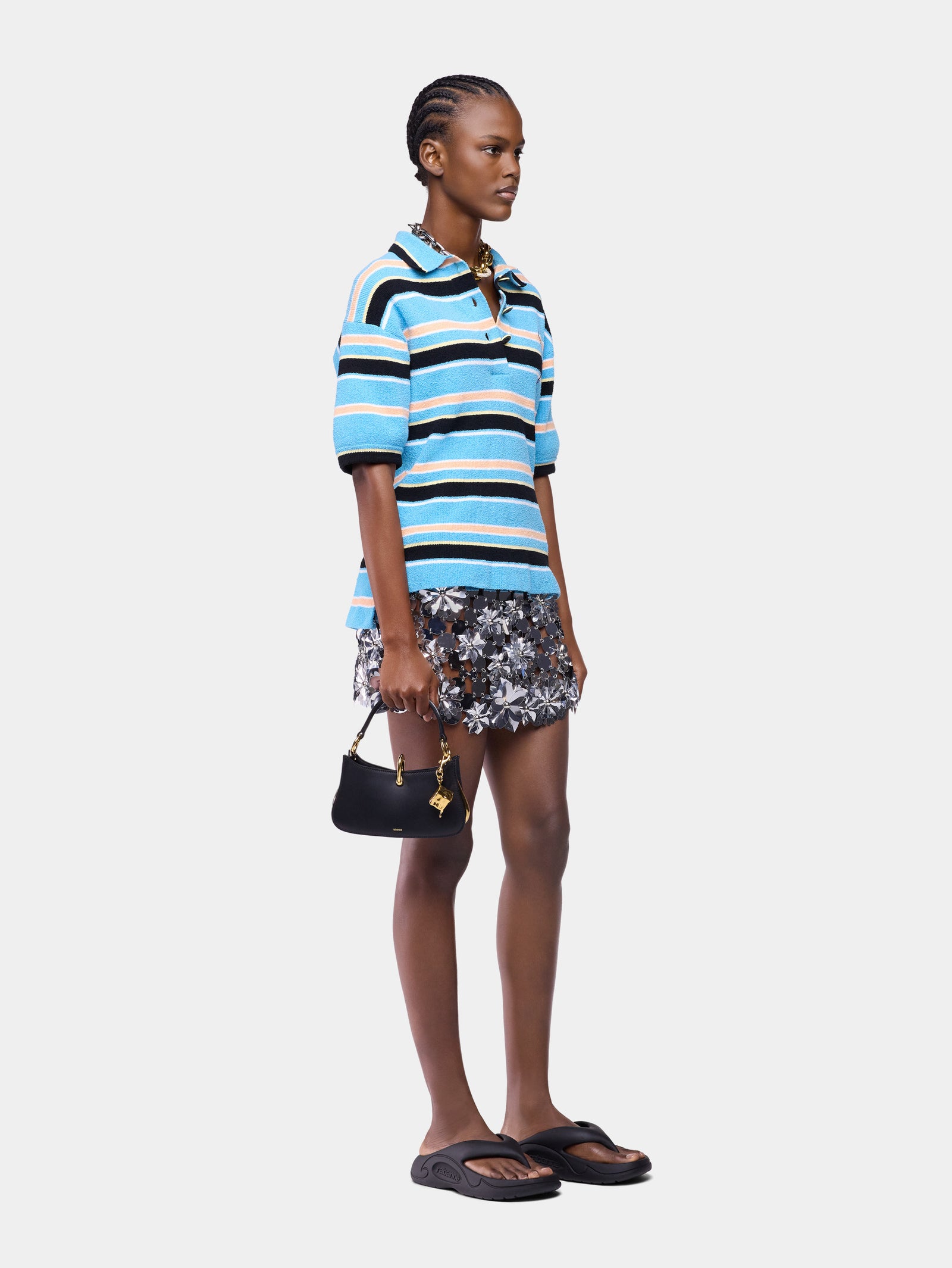 Polo in Striped Blue, Black and Orange Terry Cotton Knit position 3 - Image 3