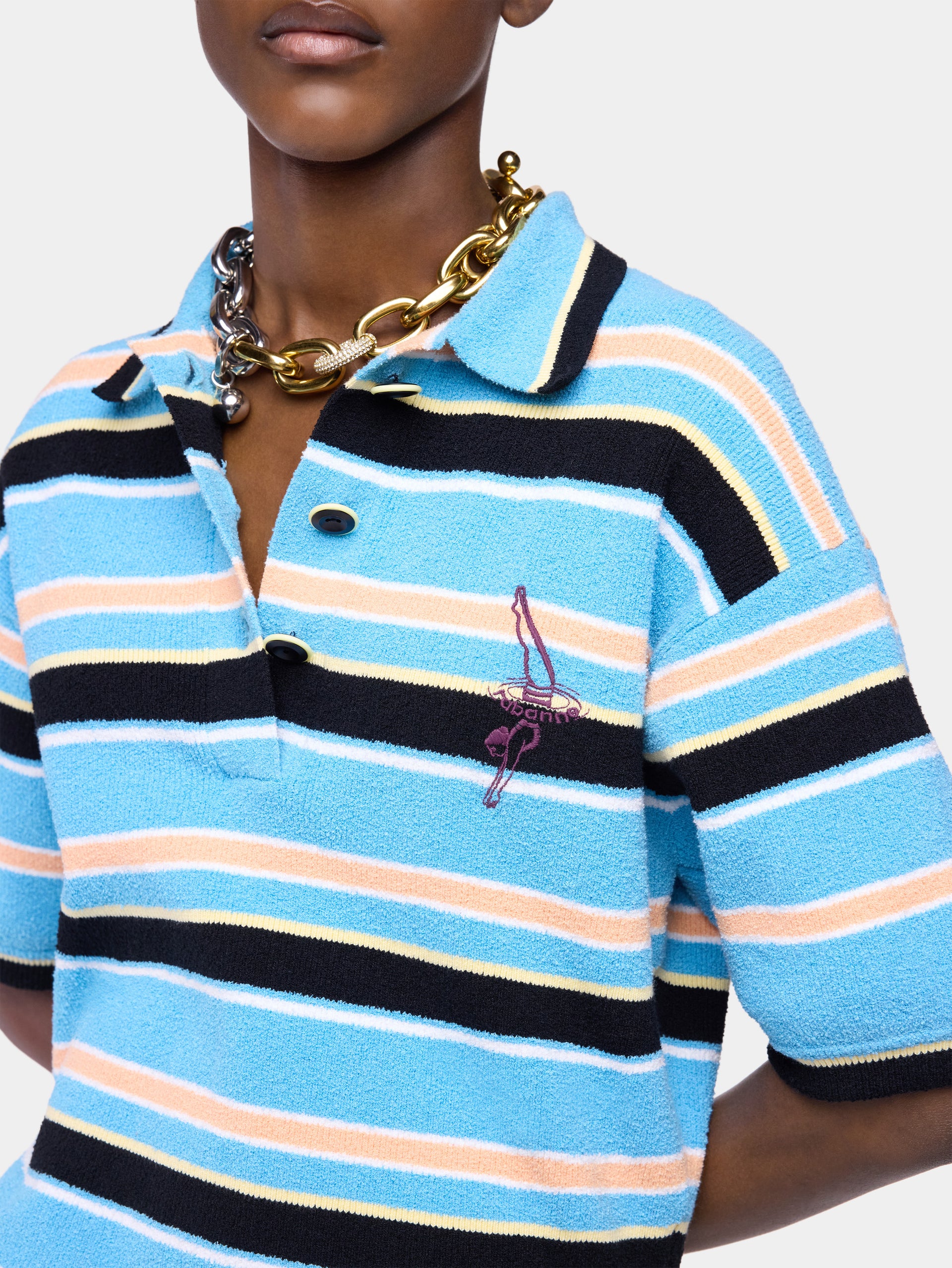 Polo in Striped Blue, Black and Orange Terry Cotton Knit position 6
