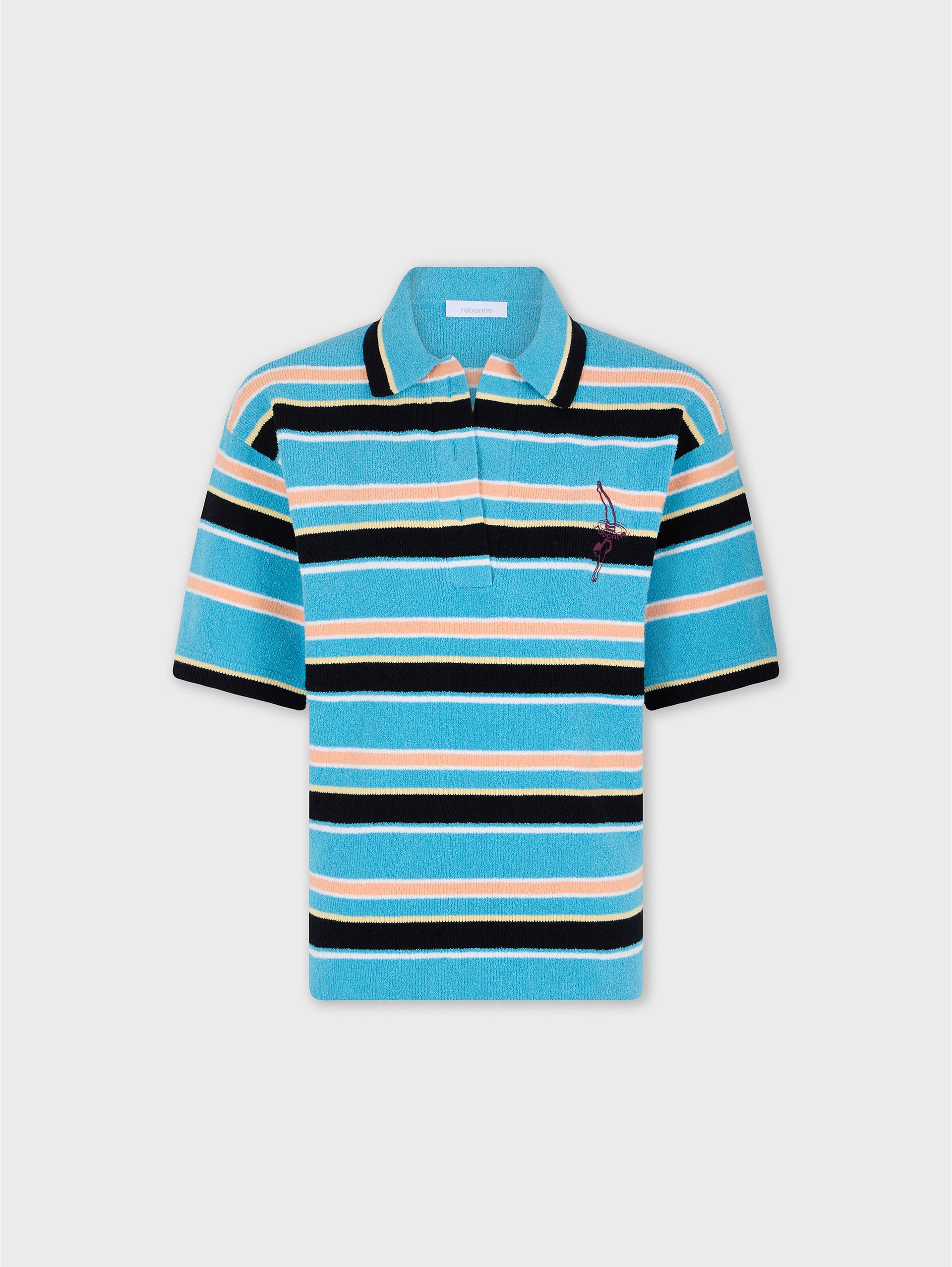 Polo in Striped Blue, Black and Orange Terry Cotton Knit position 1