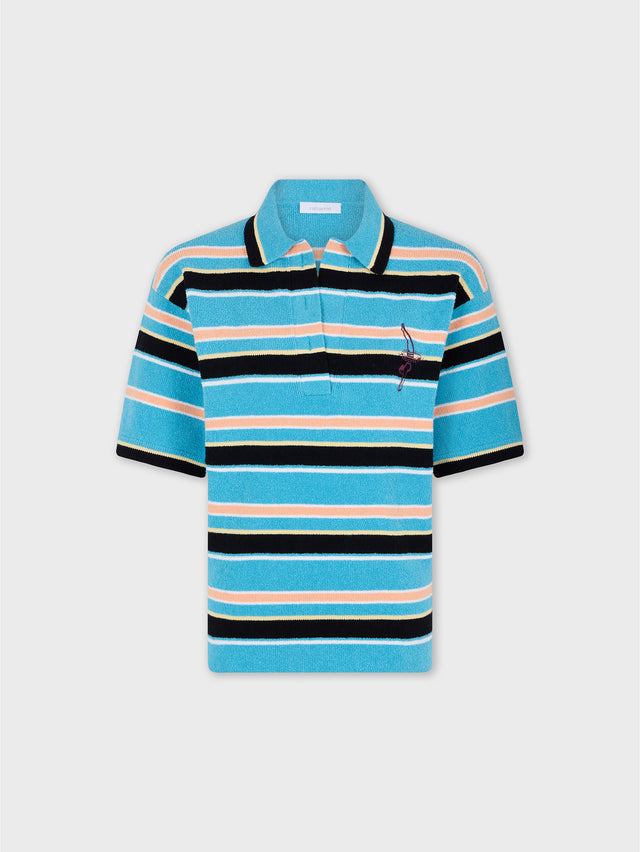 Polo in Striped Blue, Black and Orange Terry Cotton Knit - Image 1