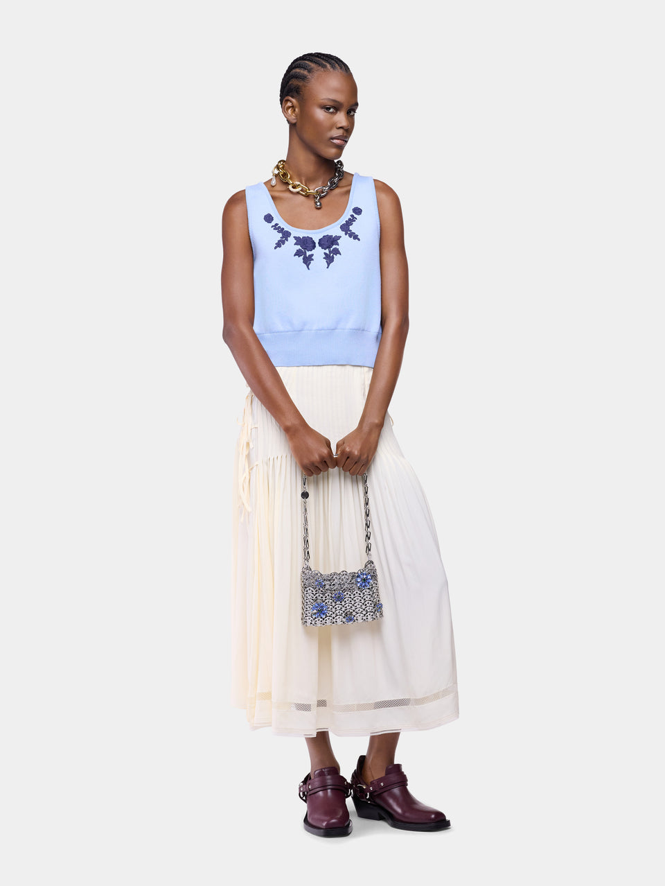 Tank Top in Blue Knitted Wool with Flower Embroidery - Image 2