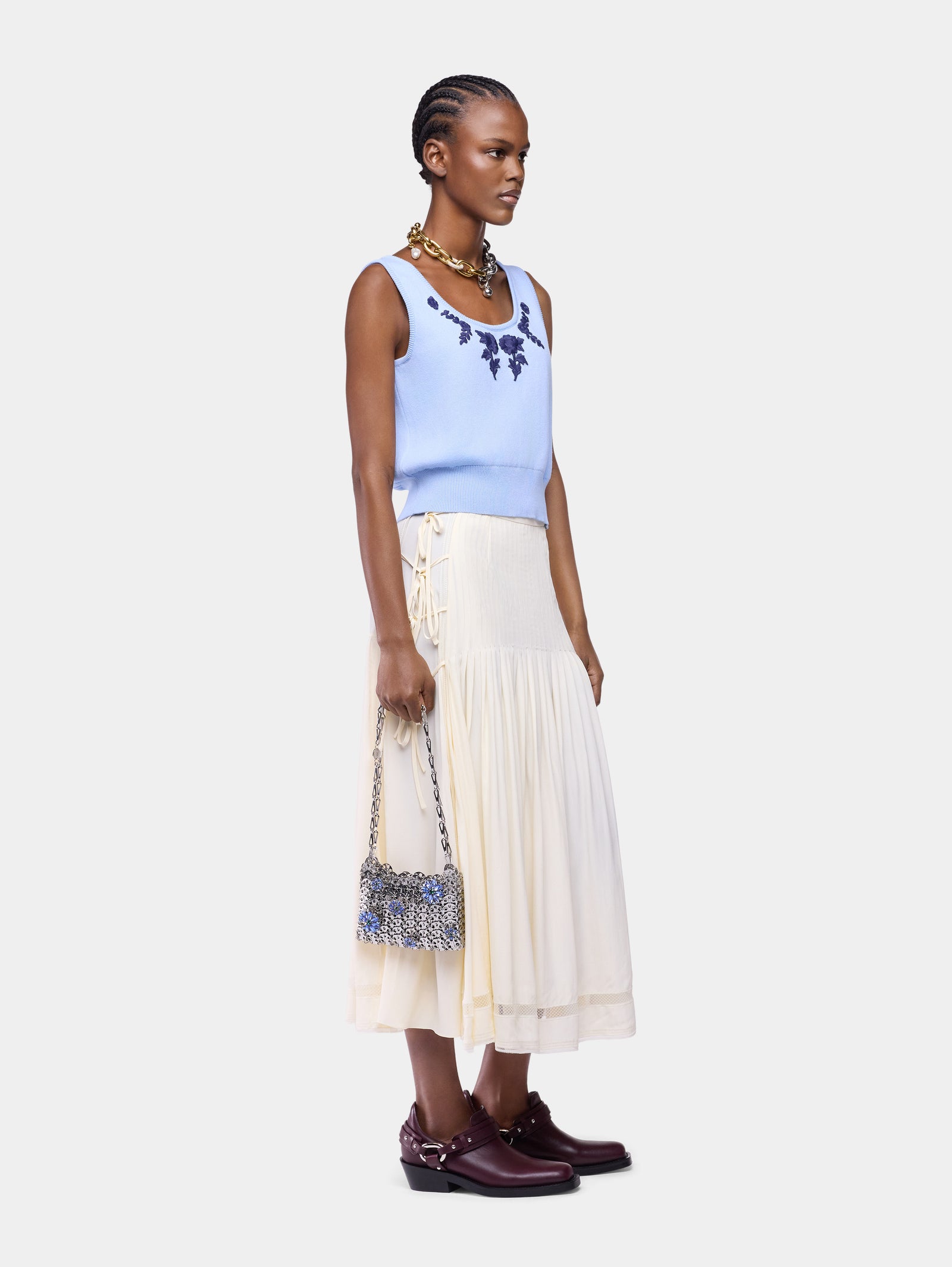Midi Skirt in Off-White Viscose Crepe with Side Bow Details position 3 - Image 3