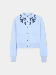 Cardigan à manches longues en laine tricotée bleue avec broderie florale