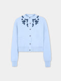 Long-Sleeved Cardigan in Blue Knitted Wool with Flower Embroidery