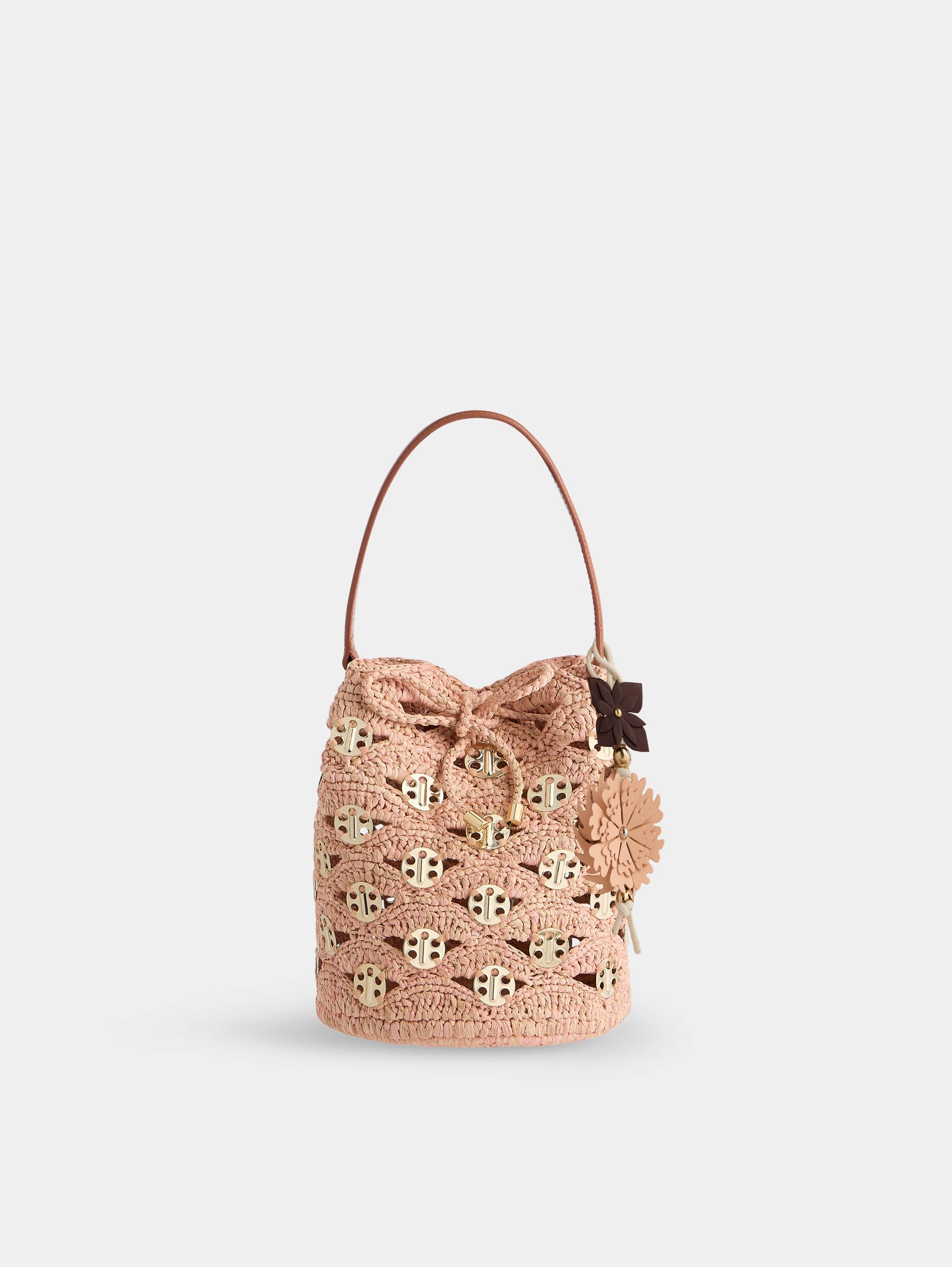 Medium bucket bag in natural raphia and peach with gold signature 1969 discs - Image 1