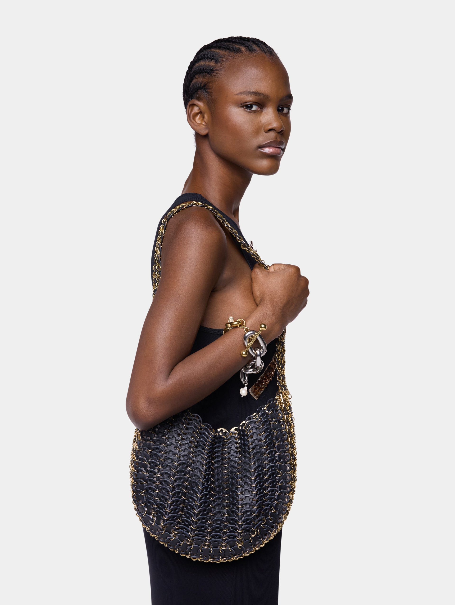 Moon Hobo Flip Bag in reversible black and gold leather position 5