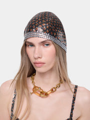 Black liberty print mesh beanie with silver embellishments