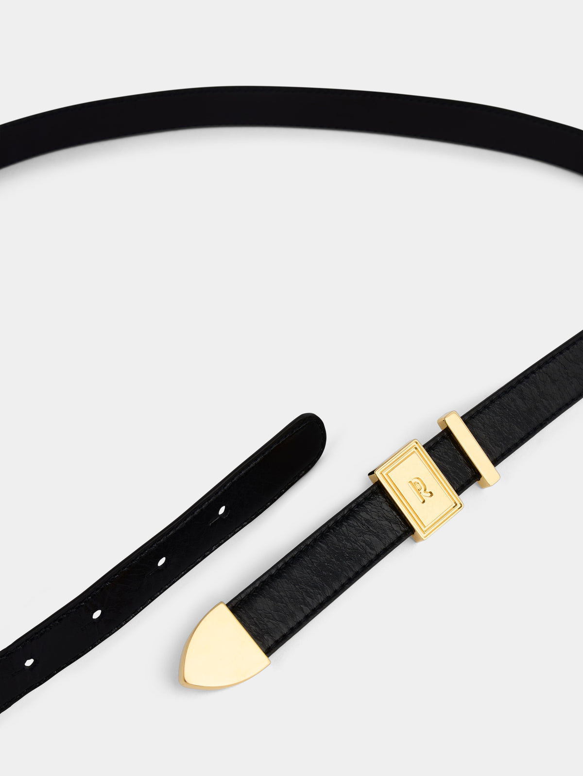 Black leather belt with a rectangular gold buckle