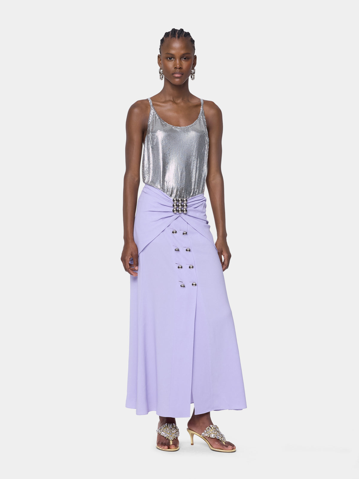 Jupe midi lilas Dinh Van x Rabanne avec ornements bijou argentés