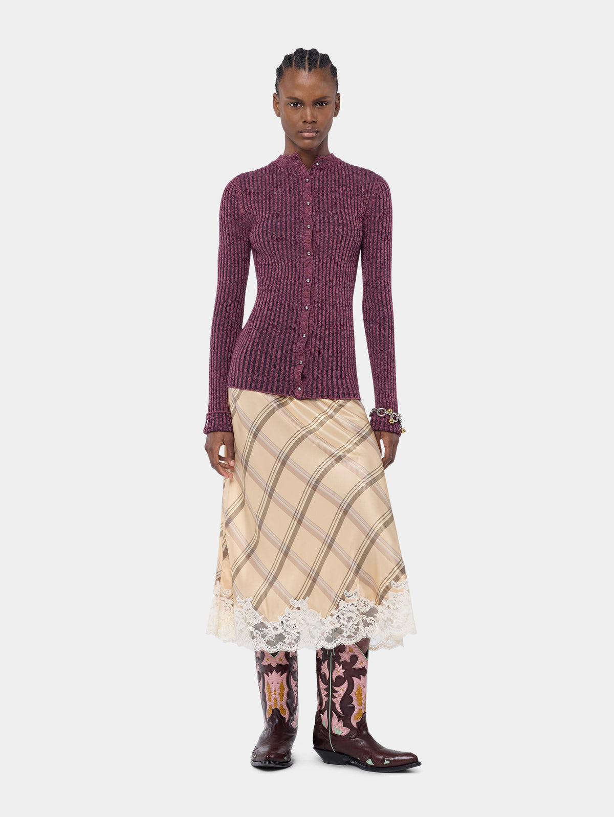 Midi skirt in beige tartan print silk satin with lace trim