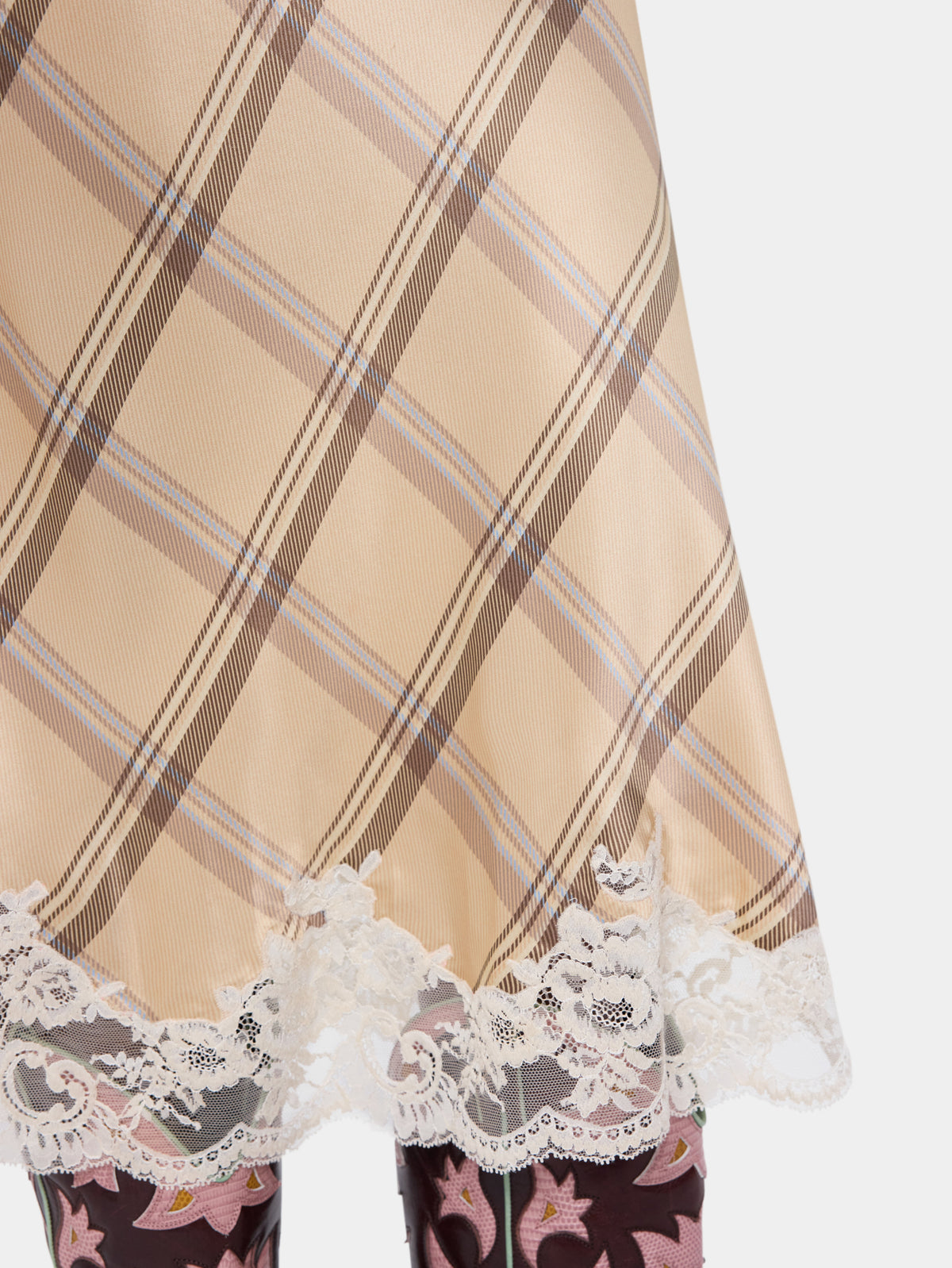 Midi skirt in beige tartan print silk satin with lace trim