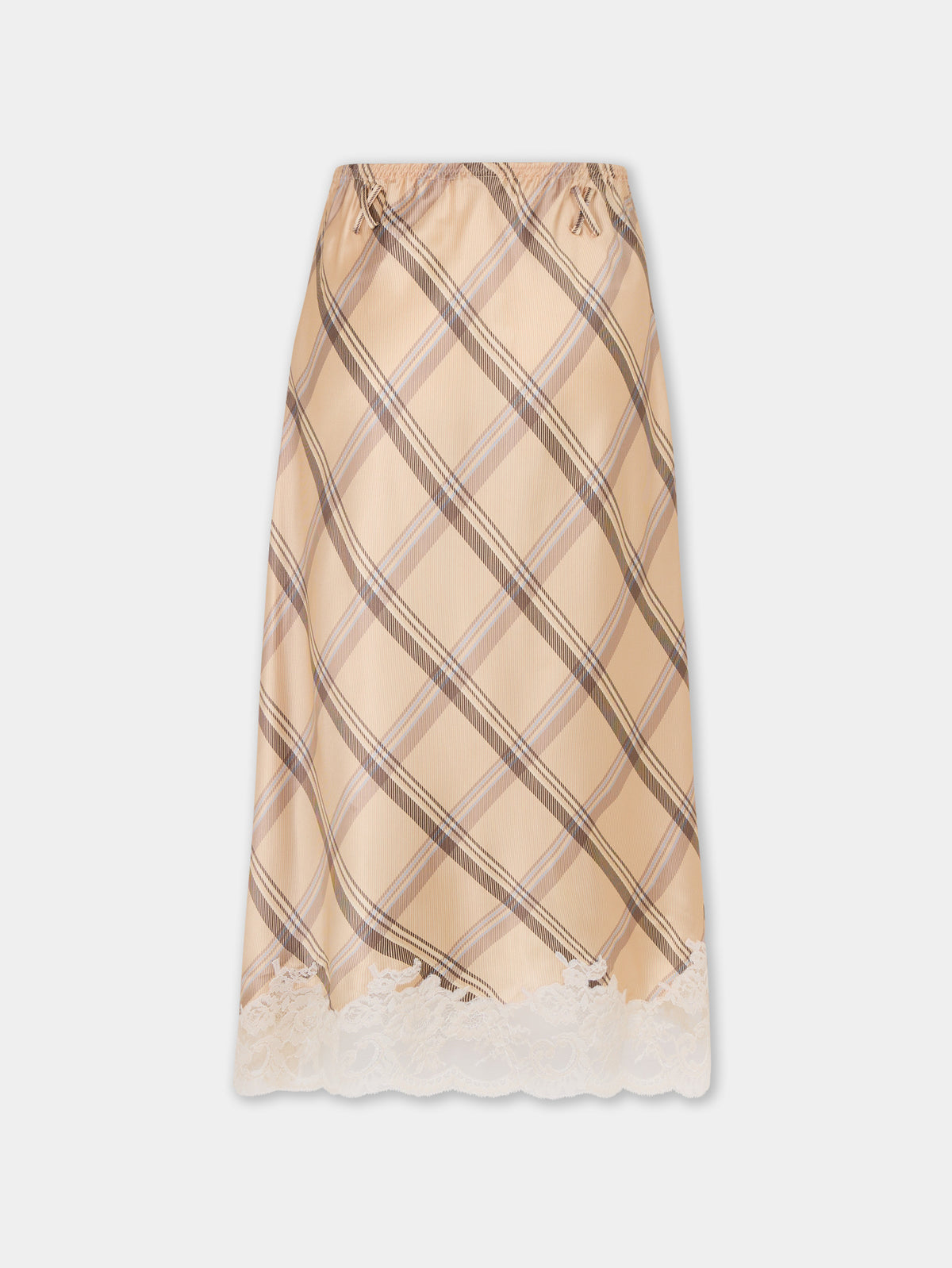 Jupe midi en satin de soie imprimé tartan beige avec finition en dentelle - Image 1