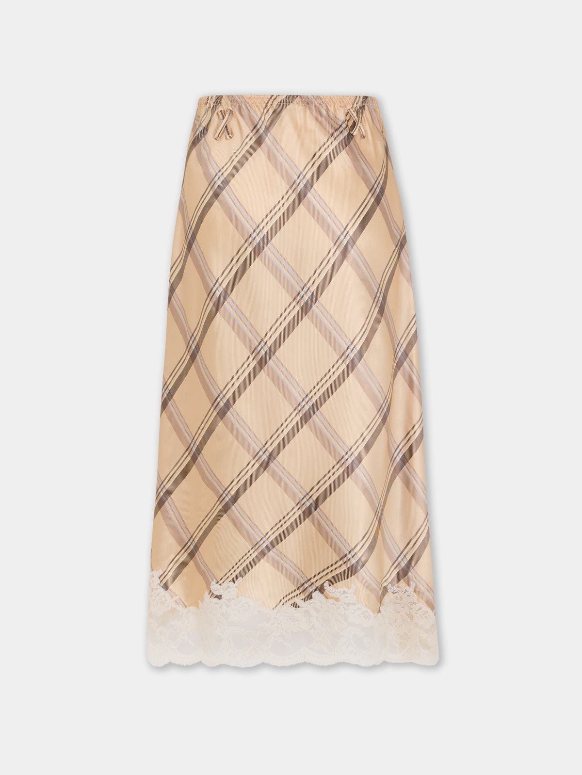 Midi skirt in beige tartan print silk satin with lace trim