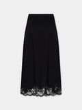 Midi skirt in black silk satin with lace trim